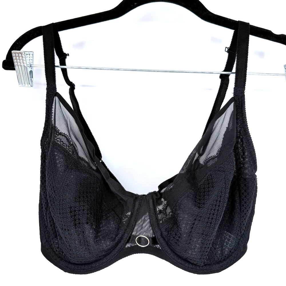 Chantelle My Brands Belle Plunge Bra Black 32DDDD 32F Sheer Lace Underwire